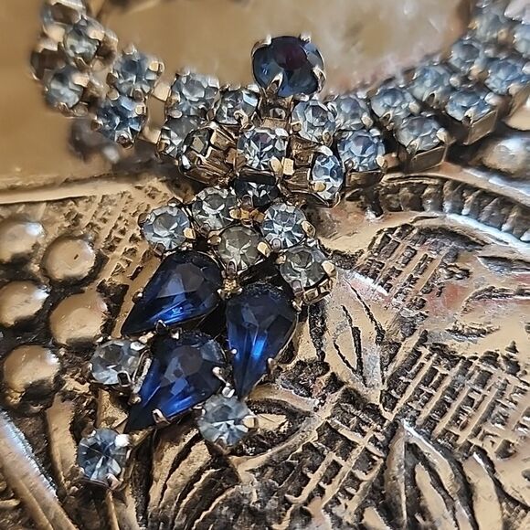 Vintage Ice & Cobalt Blue Rhinestone Necklace & Earrings on Silver Tone Setting - Picture 2 of 16